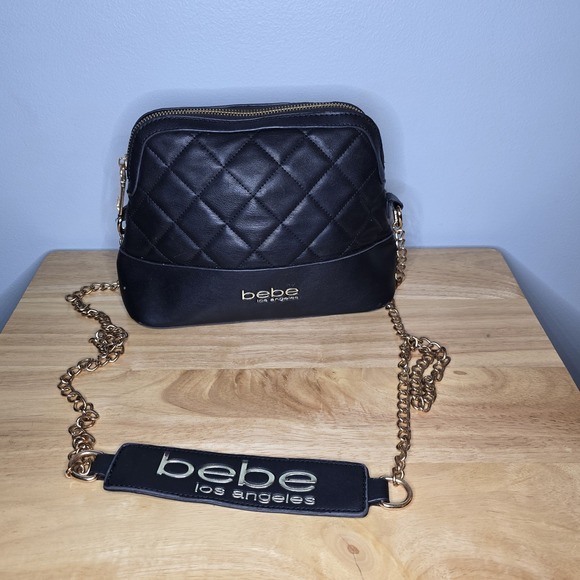 Bebe Los Angeles Purse Black Quilted Crossbody Gold Chain Strap Small - Picture 1 of 10